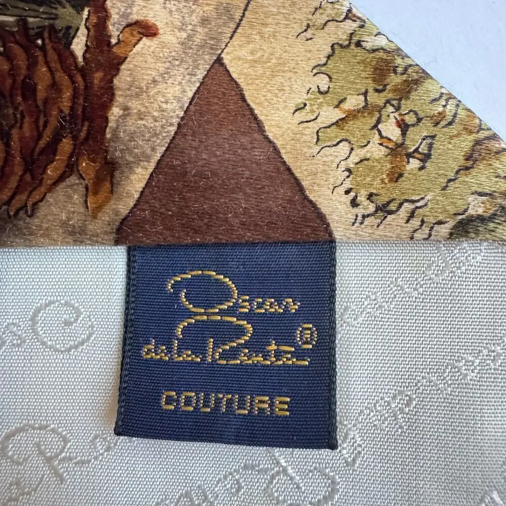 Oscar De La Renta‎ Mens Silk Necktie Wood Cream Brown Tie Trees Nature Forestry